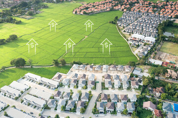 Wall Mural - land value in aerial view consist of landscape, green field or agriculture farm, house or residentia
