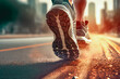 Leinwandbild Motiv Close up vom Sport Schuh eines Joggers beim Dauerlauf
