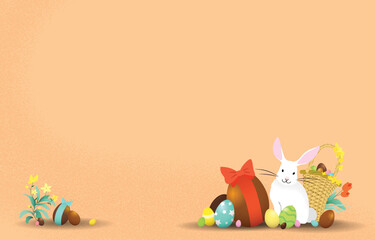 Happy Easter celebration vector illustration banner. Cute easter rabbit with a wicker basket full of eggs. White bunny with colorful chocolate easter eggs.