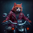 Cool red cat wearing a red leather jacket and riding a bike on black background. Stylish pet portrait in clothing, anthropomorphic people. AI generative art