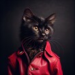 Cool black cat wearing a red leather jacket on black background. Stylish pet portrait in clothing, anthropomorphic people. AI generative art
