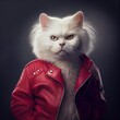 Cool white cat wearing a red leather jacket on black background. Stylish pet portrait in clothing, anthropomorphic people. AI generative art