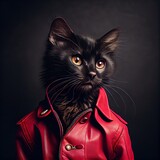 Fototapeta Koty - Cool black cat wearing a red leather jacket on black background. Stylish pet portrait in clothing, anthropomorphic people. AI generative art
