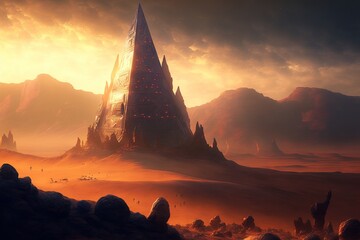 Wall Mural - Futuristic Pyramid from afar. Fantasy scenery. Sci-fi. Generative AI