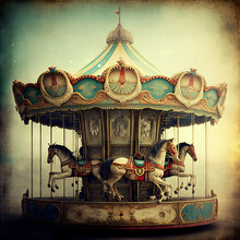 Old Carousel With Horses With Vintage Effect. Childhood Memories And Nostalgia Concept. Generative Ai