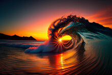 Wave Curl With Barrel Breaking At Sunset. Generative Ai