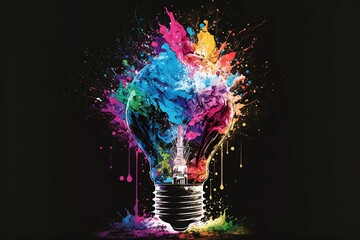 Wall Mural - Lightbulb eureka moment with Impactful and inspiring artistic colourful explosion of paint energy. Generative AI, this image is not based on any original image, character or person.	
