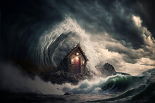 Abstract Of Small House On Rocks Being Hit By Large Crashing Waves. Generative AI, This Image Is Not Based On Any Original Image, Character Or Person.