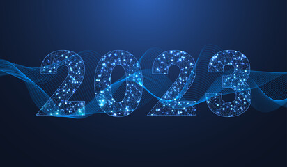 Fototapete - Modern futuristic technology template for Merry Christmas and Happy New Year 2023 with connected lines and dots. Plexus geometric effect. Global network connection, illustration.
