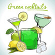 Green cocktails, vector sketch hand drawn illustration, fresh summer alcoholic drink. Party poster, party flyer 	