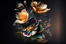 Beautiful Flowers On A Dark Background, Bright Contrasting Wild Flowers Close-up. 3d Illustration