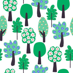 Wall Mural - Seamless pattern with cartoon funny trees. Childish depths of a forest print. Vector hand drawn illustration.