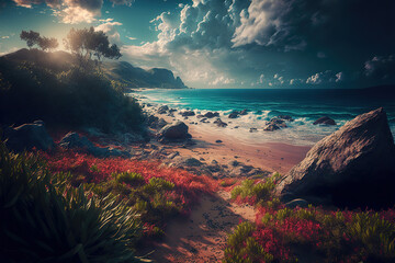 Fototapete - Sunset on a wild sea beach, coastline and sand. Waves and sea surf on the background of mountains and flowers. Dawn in a cloudy sky.
