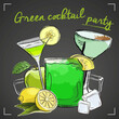 Green cocktail party poster, party flyer. Vector sketch hand drawn illustration, fresh summer alcoholic drink.