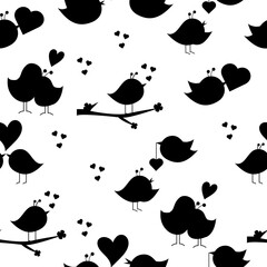 Wall Mural - Seamless silhouette pattern of cartoon birds in love.