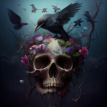 A Skull With Long Black Hair Underwater Flowers And Birds. Dark