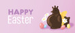 Easter chocolate chicken or hen with easter eggs vector illustration banner with decorative flowers. Springtime easter sales poster.