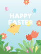 Cute easter baby chick bird with Easter eggs in grass with flowers. Springtime easter poster vector illustration.
