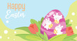 Cute adorable Easter bunnies with big easter egg in grass with flowers vector cartoon illustration banner or poster. Easter sales springtime template vector. Easter cute cartoon character rabbit.