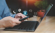 © Apichat - Service hotline customer support relations contact us people corporate marketing leading connect businessman using smartphone with email phone address chat icon