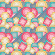 © Vinodkumar - Geometric abstract pattern of pink, brink pink, shadow blue, cadet gray, orange yellow, wheat, green, blue color square, triangle, round, hexagon creatively arranged on white background.Textile design