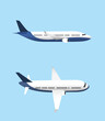 Airplane set flat vector isolated side view. Two airplanes flying.