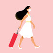 Woman tourist walking with suitcase isolated flat vector. Young woman in summer clothes during vacation  with luggage.