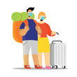 Couple of tourists with luggages isolated flatvector. Couple in summer vacation. Man with a backpack waiting with a woman holding a suitcase. Tourists with protective face masks.