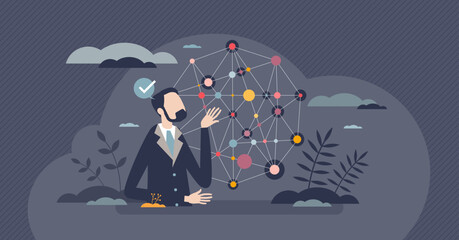 Knowledge graph with logic reason connections and tiny person concept. Businessman thinking visualization as connected dots network vector illustration. Smart intelligence with education and cognition