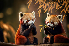 Two Cute Red Panda Eating Bamboo Leaves. Digital Artwork