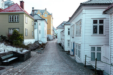 Wall Mural - Bergen Scandinavian Architecture. Traditional decorated residential houses in the old part of Bergen. Vestland, Norway. 