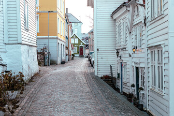 Wall Mural - Bergen Scandinavian Architecture. Traditional decorated residential houses in the old part of Bergen. Vestland, Norway. 