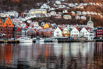 Wall Mural - Famous Bryggen street with historical wooden colored houses. Hanseatic wharf in Bergen, Norway. UNESCO World Heritage Site.