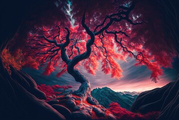 illustration of beautiful japanese maple tree with nature background