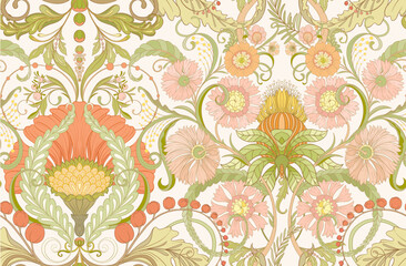 Decorative flowers and leaves in art nouveau style, vintage, old, retro style. Seamless pattern, background. Vector illustration.