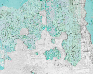  Old grunge wall with peeling blue paint with cracks and dampness. Close-up texture for design. Colored cracked background. Antique, old age, decay. Wallpaper, banner, graphic.