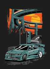 Night Racing, Illustration Of City Bridge And Race Car