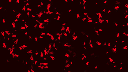 Abstract red keys rotate on black bg. Background for car service station. Abstract festive backdrop for advertise text. 3D render