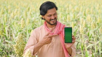 smiling farmer showing green screen mobile phone by pointing finger by looking camera at farmland - concept of app promotion, advertisement and agriculture.