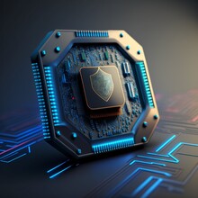 Concept Of Data Security, Computer Protection, Futuristic Computer Chip Technology, Secure Data Processing
