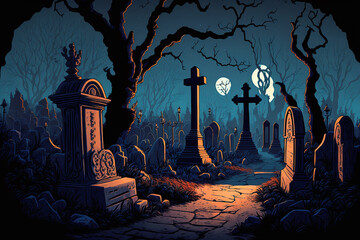 Sticker - zoom background, old cemetery filled with monsters on Halloween night. Generative AI