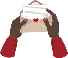 Vector Illustration Of Woman Nods With Black Skin Holding Envelope With Red Heart In Cartoon Style. St Valentines Day Clipart With Black Hands Holding Love Letter