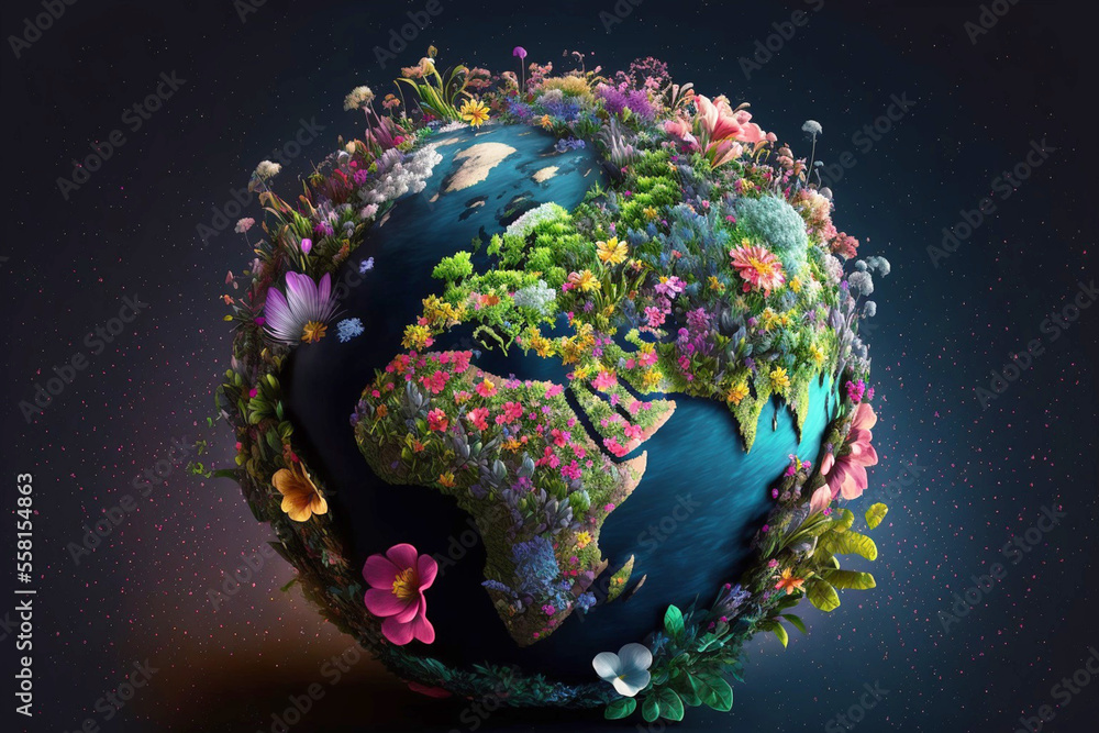 beautiful planet earth made of flowers and sprouting plants, save the ...