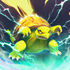 Wall Mural - Cartoon turtle charged with electricity ai art