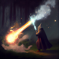 Wall Mural - Wizard shooting a flame spell ai art