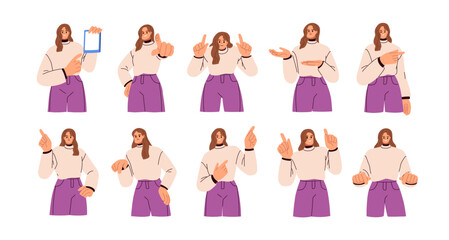 Wall Mural - Person pointing with index finger, indicating. Happy woman showing up and down, to side with hand gesture, presenting, advertising, informing. Flat vector illustrations isolated on white background