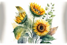 A Watercolor Painting Of A Sunflower And Leaves On A White Background With A Green Stem And A Yellow Center. Generative AI
