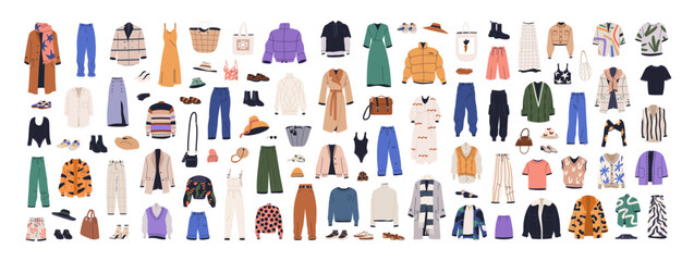 fashion clothes, garments and accessories set. female apparel, dresses, pants, modern shoes, coats, 