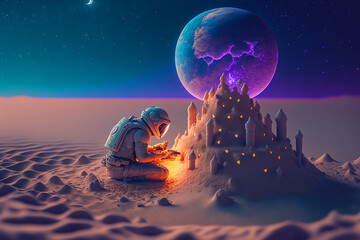 Canvas Print - astronaut building a sand castle on a beach. Generative AI
