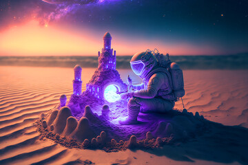 Canvas Print - astronaut building a sand castle on a beach. Generative AI